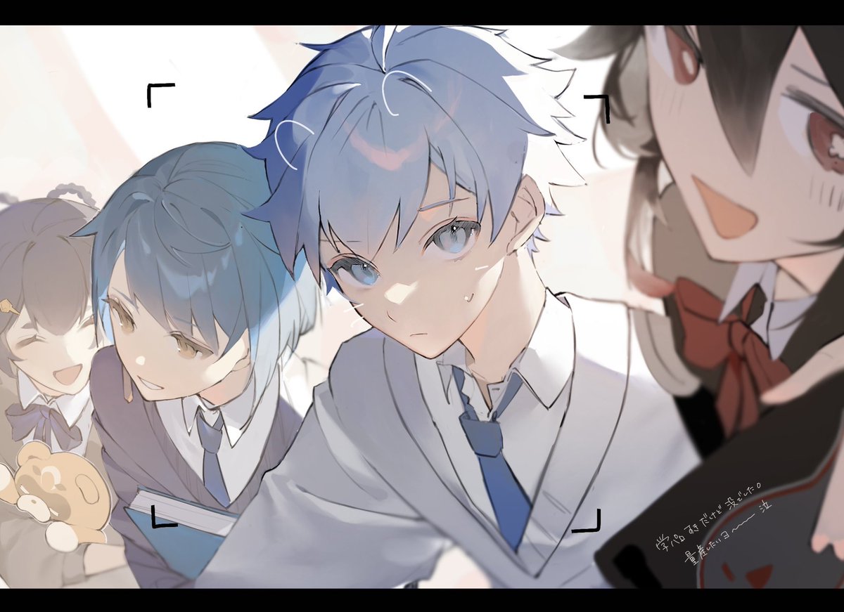 chongyun (genshin impact) ,hu tao (genshin impact) ,xiangling (genshin impact) ,xingqiu (genshin impact) 2boys multiple boys blue hair blue eyes 2girls multiple girls necktie  illustration images