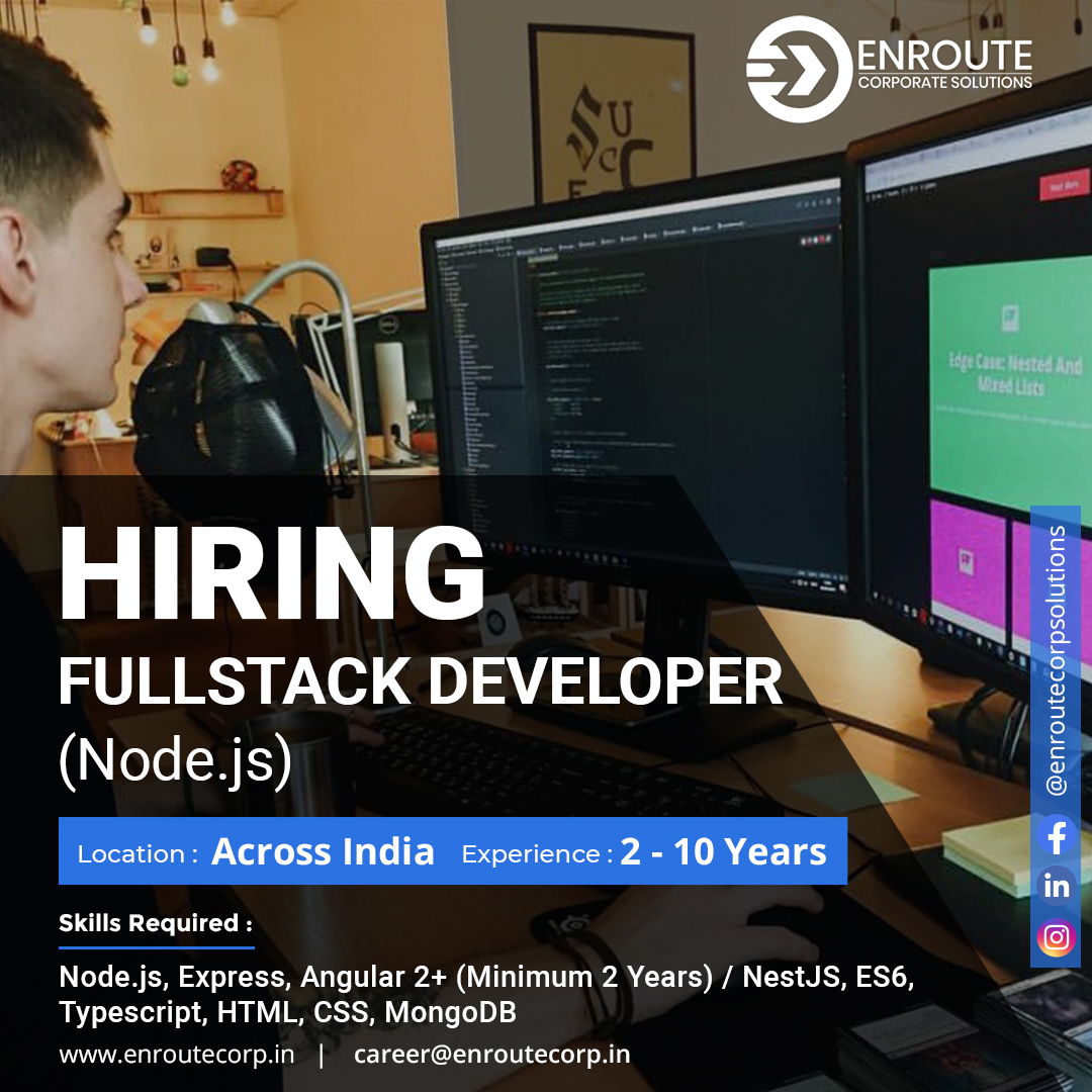 EnrouteCS's tweet photo. We are Hiring Full Stack Developers across India. Apply Now! 
Experience: 2 - 10 Years

If you are interested send resumes to career@enroutecorp.in 
Call us on +91 7593848651

#hiring #FullstackDeveloper #NodeJS #Express #AngularJS #NestJS #HTML #CSS #ES6 #MongoDB #Jobpost https://t.co/o09jX1GV9x