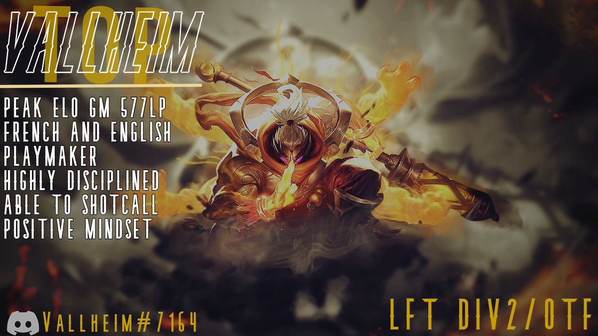 VallheimLoL's tweet photo. Bonjour, pour cette année 2022 je recherche une équipe div.2/OTF.

Références : @PRK_Tessia @DamienTrt @OneForOneV 

Précédemment chez @EsportPrankster.

Contact par Discord via Vallheim#7164 ou par email via samy13200@gmail.com.

RT &amp; Likes sont très appréciés ! https://t.co/CvwMLi6d9C