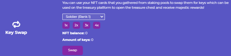 $WSG feature spotlight nr. 3! 🕹️ 🔑 The KEY SWAP feature will enable users to swap NFT ranks (1-7) for a certain amount of keys! 💰 More rewards from the treasure chest = More fun! 📲 t.me/WSGToken #PlayToEarn #GameFi #WSGARMY #BSC