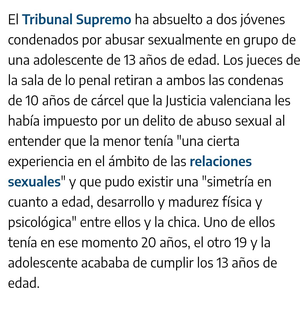Debo entender que si me violan 3 maromos de 47 años los van a absolver porque somos de la misma edad y yo tengo experiencia sexual????
PERO POR QUÉ NOS ODIÁIS TANTO, JODERRRRRRR????