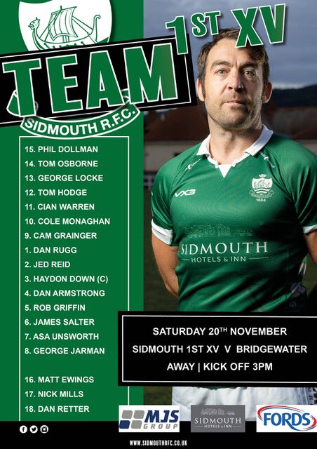 SidmouthRFC's tweet photo. π’ Team News. Weβre back in action this weekend. Hereβs your your @SidmouthRFC 1st Team to face Bridgewater RFC (away) kick off 3pm πππ @philldollman @Yenz_2 @VX3apparel @Dukessidmouth @JurassicPhysio #MJSGroup https://t.co/X7g9H8QvBw