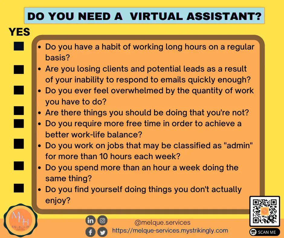 melquedeza's tweet photo. If you answered “yes” to any of the questions above? You should consider getting some help....💻 ⌨️👩‍💼
Need a Virtual Assistant? 
Please Visit my website for more information
https://t.co/jo4MRUhpT5
#melquesbusinesshub
#virtualassistant
#socialmediaVA
#digitalmarketing https://t.co/VKmEEk2gDq