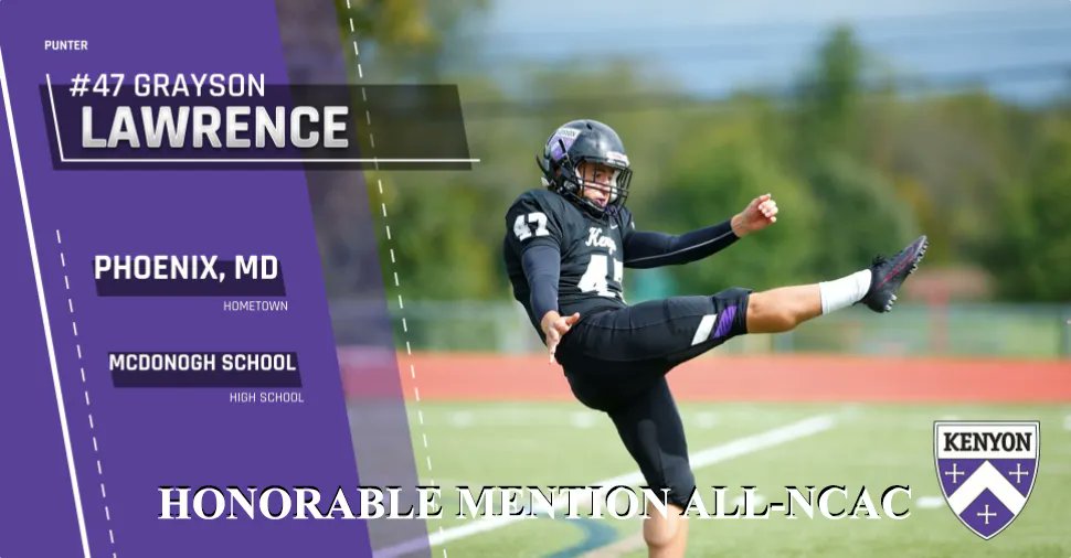 KenyonFootball's tweet photo. We are excited to announce 3 All-NCAC recognitions!
#1 WR Andrew Schnarre was voted Second Team All-NCAC
#6 DB Mychael Leno and #47 P Grayson Lawrence were voted Honorable Mention All-NCAC
Congratulations to to them on their accomplishments!
#GoLords #EarnYourShield #NextOneWins https://t.co/Rk04vgA81h