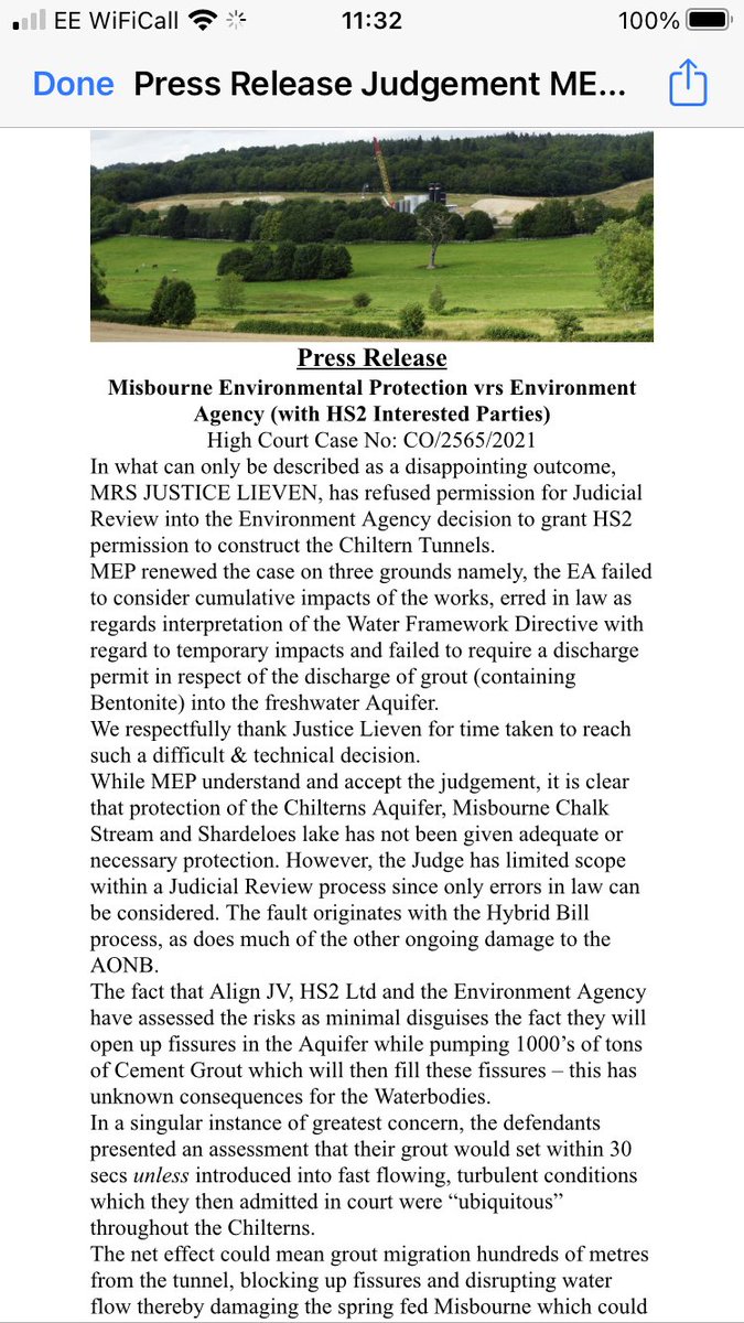 MisbourneEP's tweet photo. Hello All

It is with great sadness and disappointment that I’m afraid we have lost our Judicial Review against HS2 and the Chiltern Tunnel endangering the Freshwater Aquifer and Misbourne Chalk Stream

Attached is the press release https://t.co/iymhBT673a