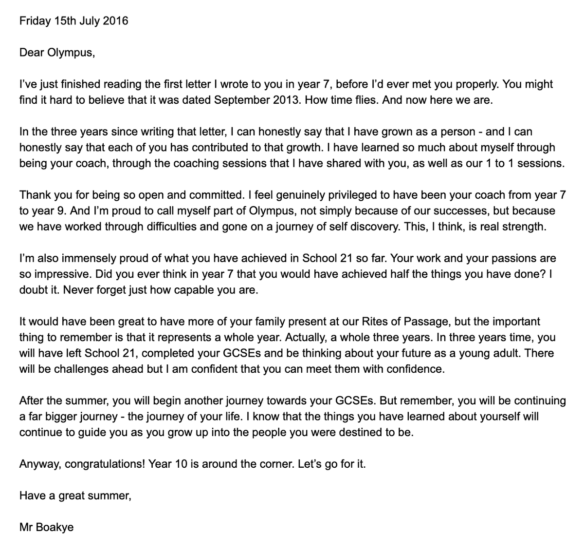 jeffreykboakye's tweet photo. Oh man, just clearing out an old google drive and found this!😭A letter I wrote to my tutor group back in 2016. @school21_uk was truly a transformative place to live as a teacher. Forever grateful to have grown into my craft, and as a person. #coaching #wellbeing #thisjob https://t.co/Ou39RhrTdT