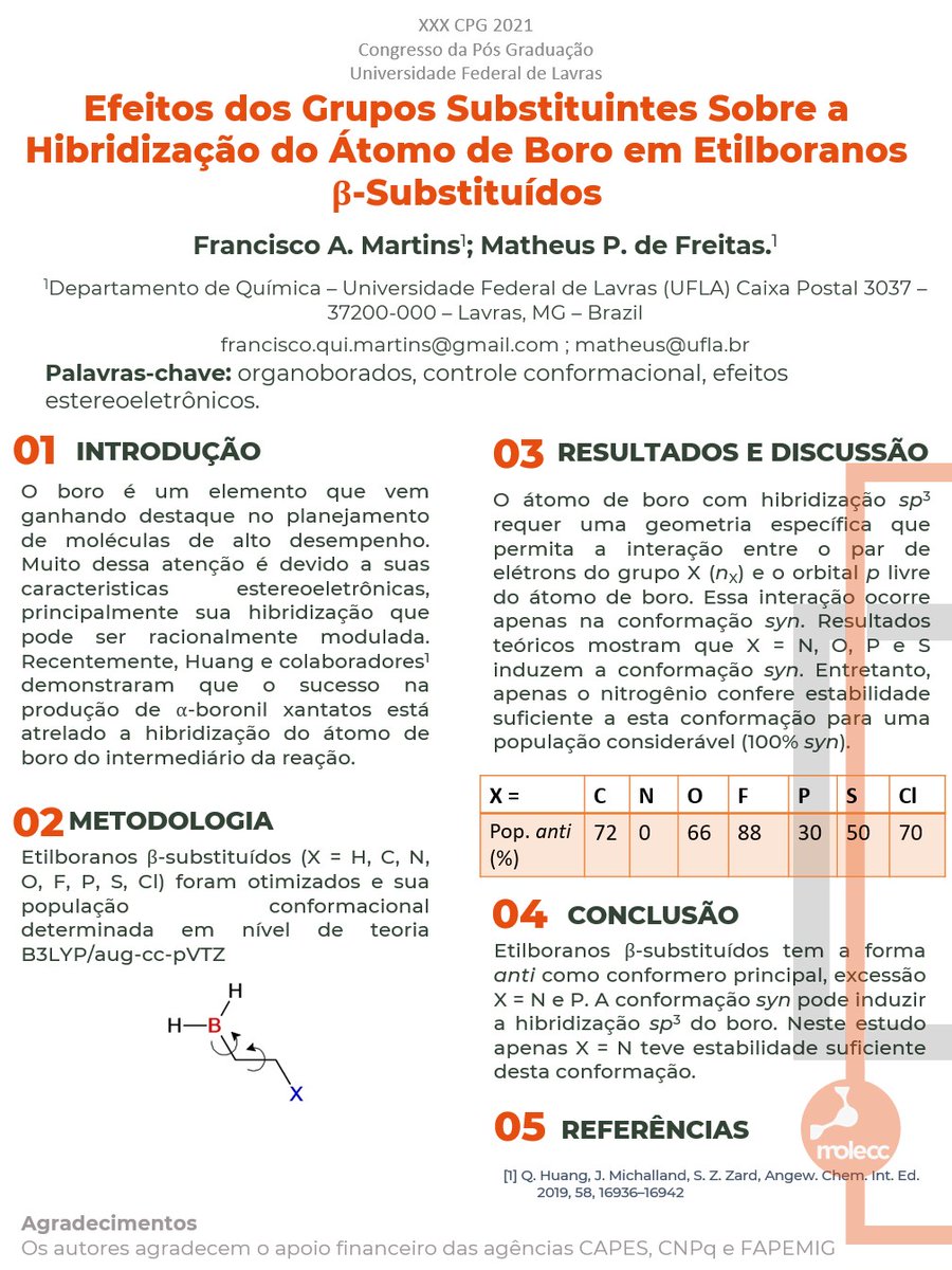 Olá, venho compartilhar o resumo do meu trabalho entitulado "Efeitos dos Grupos Substituíntes Sobre a Hibridização do Átomo de Boro em Etilboranos β-substituídos".
Programa de pós graduação em agroquímica da Universidade Federal de Lavras
#XXXCPG, #PPGAQUFLA, @xxxcpgufla