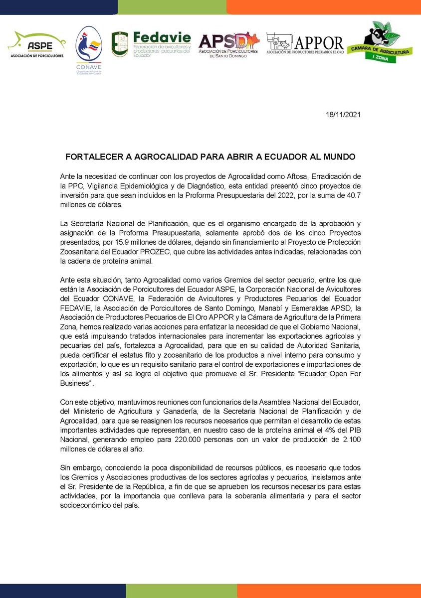 #SanidadAnimal, #SanidadVegetal e #InocuidadAlimentos son ejes fundamentales.

Que @AgrocalidadEc cuente con los recursos necesarios para su gestión es un tema de interes nacional, tanto para consumo interno como para el Plan Mas Ecuador en el Mundo
<a href="/LassoGuillermo/">Guillermo Lasso</a> <a href="/FinanzasEc/">Economía Finanzas Ec</a>