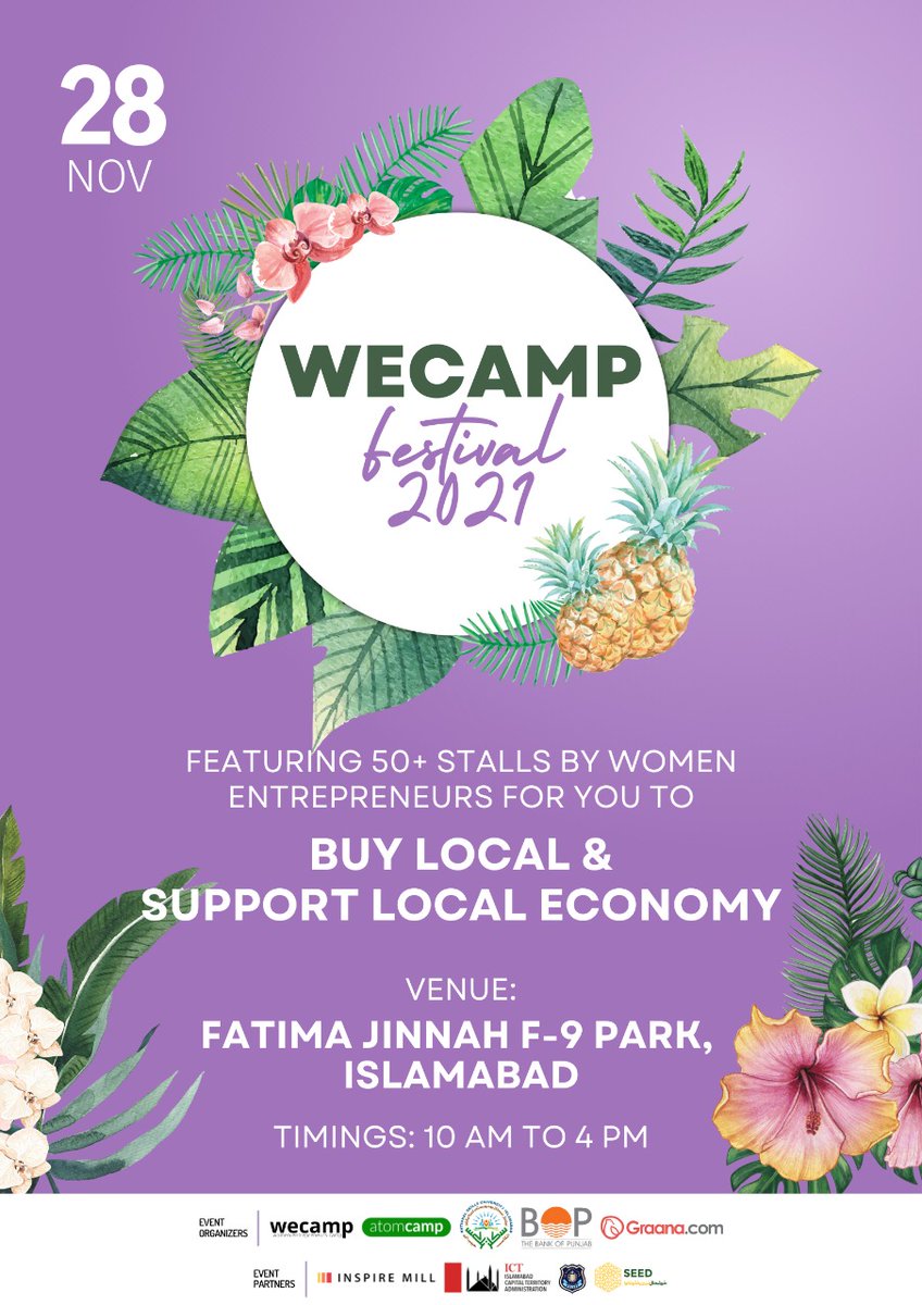 Happy #WomenEntrepreneurshipDay! 

Join us on Sunday, 28th Nov for a fun 'WeCamp' festival at Fatima Jinnah Park, F-9, organized by @atomcamp and other partners to celebrate home-based women entrepreneurs, who will be showcasing their work. ☀️🍍

#WomenInBusiness #WED