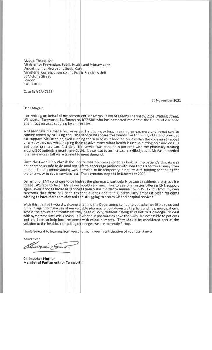 EasonPharmacy's tweet photo. Attached is a copy of the letter my MP @ChrisPincher has sent to the Department of Health about our ENT service. 
Pharmacy needs a stable commissioning landscape if we are to invest in services that can reduce waiting times. @PSNCNews #pharmacy https://t.co/Xi2m5AlMDV
