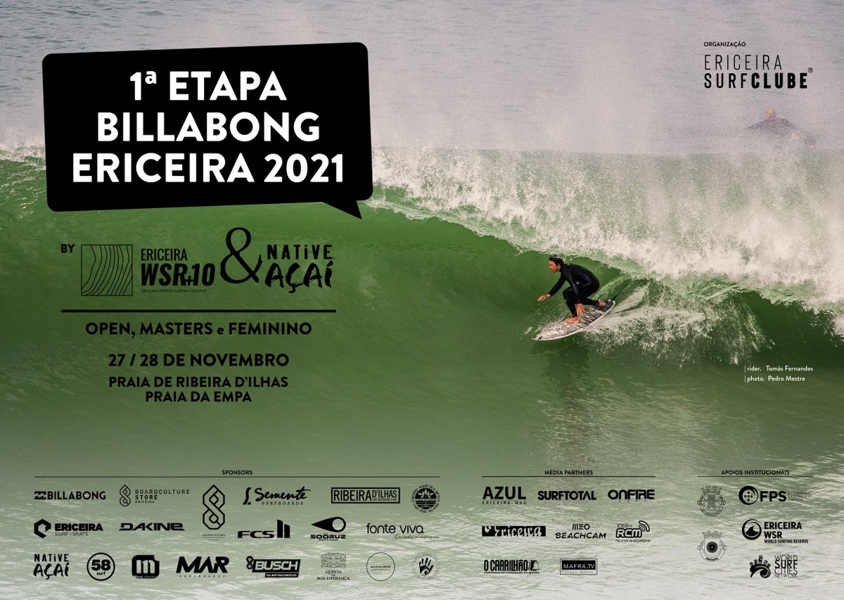 EriceiraSC's tweet photo. Inscrições abertas | BILLABONG ERICEIRA 2021, by ERICEIRA WSR +10 e NATIVE AÇAÍ
OPEN | FEMININO | MASTERS
27 e 28 de Novembro 
Inscrições em: https://t.co/3xqsch6a0p
Encerram às 23h59 de 5ª feira, dia 25 de Novembro.
Horários de check in serão anunciados no decorrer da semana. https://t.co/ZG16FpxRZT