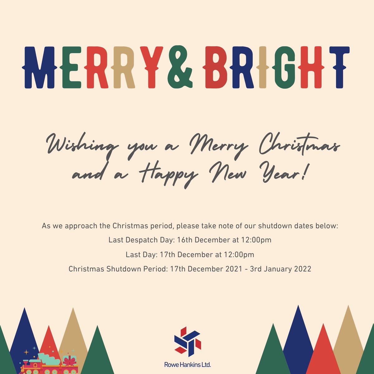 As we're nearing Christmas time again, please take note of our shutdown period:
•Last Despatch Day: 16th December at 12:00pm
•Last Day: 17th December at 12:00pm
•Christmas Shutdown Period: 17th December - 3rd January