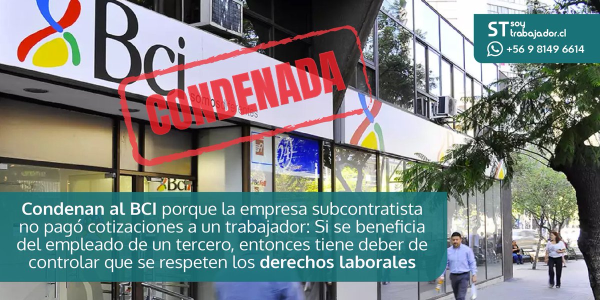 El <a href="/BancoBci/">Banco Bci</a> debe indemnizar a un trabajador de empresa subcontratada que no le pagó cotizaciones. Obtiene utilidad de ese trabajo, así que es responsable, dijo la Corte Suprema, ROL n.° 14.878-2020. bit.ly/3zy9rfu <a href="/sindicatobci/">Sindicato N°1 BCI</a> <a href="/Sindicato_BCI/">SINDICATO BCI CHILE</a> <a href="/SindBancoBCI/">SindicatoBancoBCI</a>