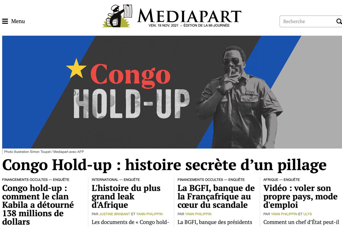 C’est parti pour 2 semaines de révélations : @mediapart et ses partenaires publient «Congo hold-up», le plus gros leak africain à ce jour, qui documente de façon inédite la corruption et le détournement de fonds en RDC. #CongoHoldUp <a href="/PPLAAF/">PPLAAF</a> <a href="/EICnetwork/">EICnetwork</a>. mediapart.fr/journal/intern…
