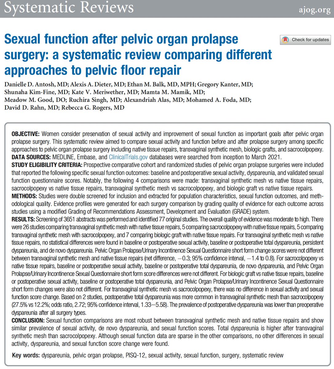 Sexual function after pelvic organ prolapse surgery: a systematic review comparing different approaches to pelvic floor repair ow.ly/AooZ50GEQNj