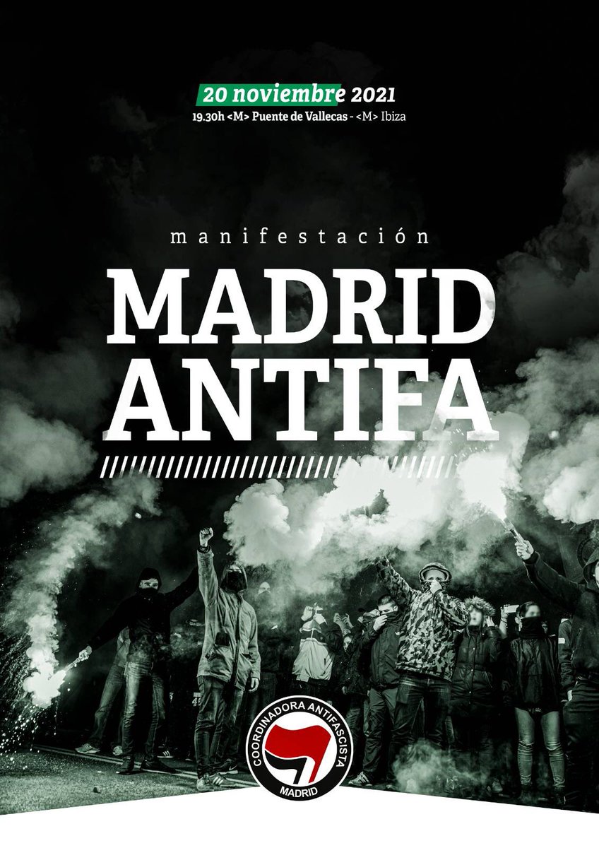 ‼️Mañana 20 de noviembre salimos con la Coordinadora Antifascista de Madrid, colectivos y barrios para dejar claro que Madrid fue, es y será antifascista‼️

🕖19:30
📍<M> Puente de Vallecas
