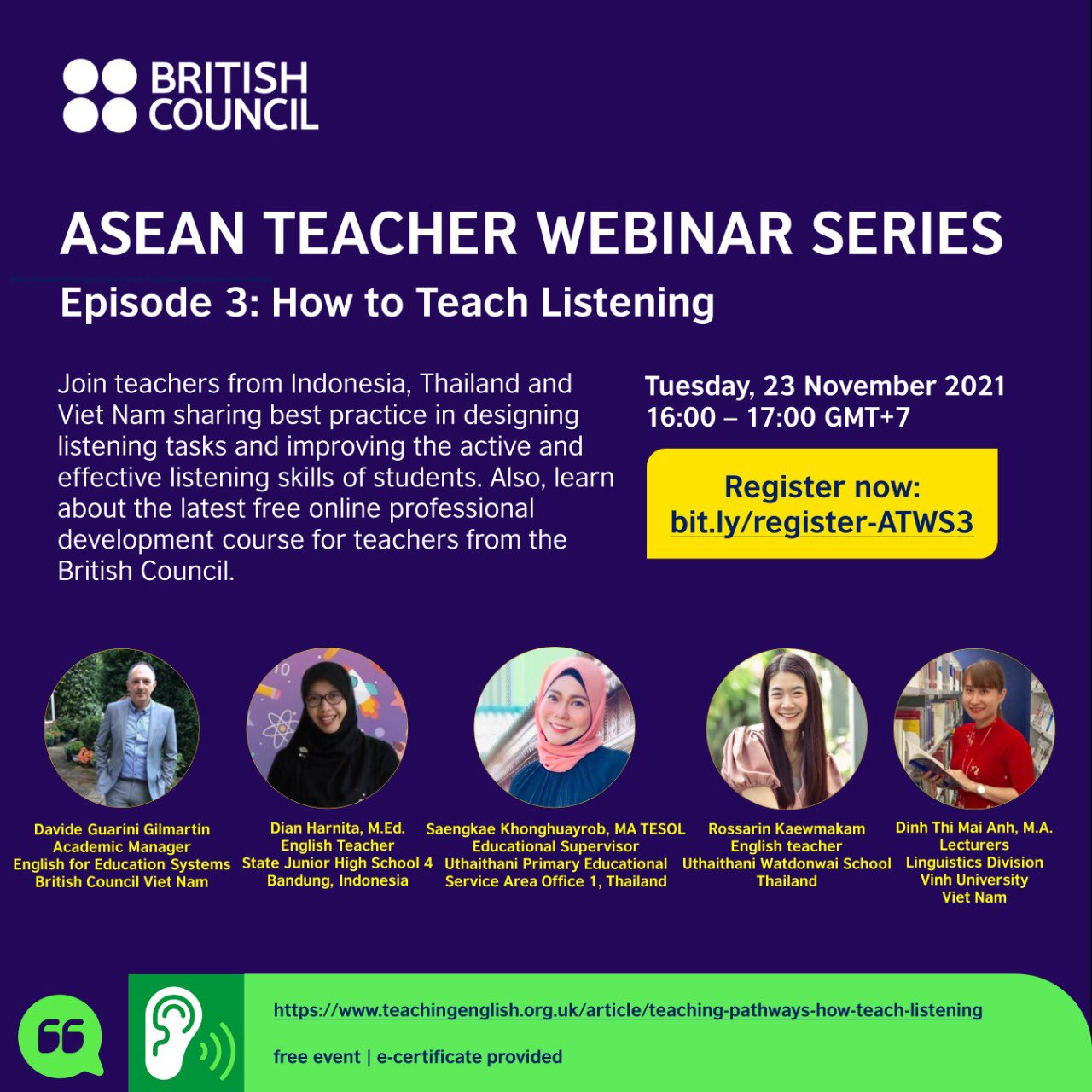 British Council Indonesia on Twitter: "Join teachers from Indonesia,  Thailand and Vietnam sharing best practice in designing listening tasks and  improving the active and effective listening skills of students. Also, get  the