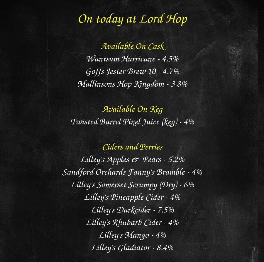 LordHopNUNEATON (@hop_lord) on Twitter photo On the bar today!
Beer Board: goo.gl/4CuiAp
<a href="/WantsumBrewery1/">w</a> <a href="/GoffsBrewery/">Goffs Brewery</a> <a href="/Mallinsons/">Mallinsons</a> @TwistBarrelAle <a href="/lilleyscider/">Lilley's Cider</a> <a href="/sandfordorchard/">Sandford Orchards</a> <a href="/NuneatonCAMRA/">Nuneaton CAMRA</a>
#RealAleFinder On the bar today!
Beer Board: goo.gl/4CuiAp
<a href="/WantsumBrewery1/">w</a> <a href="/GoffsBrewery/">Goffs Brewery</a> <a href="/Mallinsons/">Mallinsons</a> @TwistBarrelAle <a href="/lilleyscider/">Lilley's Cider</a> <a href="/sandfordorchard/">Sandford Orchards</a> <a href="/NuneatonCAMRA/">Nuneaton CAMRA</a>
#RealAleFinder