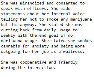 scoopnash's tweet photo. #ProTip: If we read this in your affidavit, it means you still went to jail. #DontTalkToCops:
"She was cooperative and friendly during the interaction"...
No, officer, she was high AF and couldn't shut up. https://t.co/efJrjuRW8N