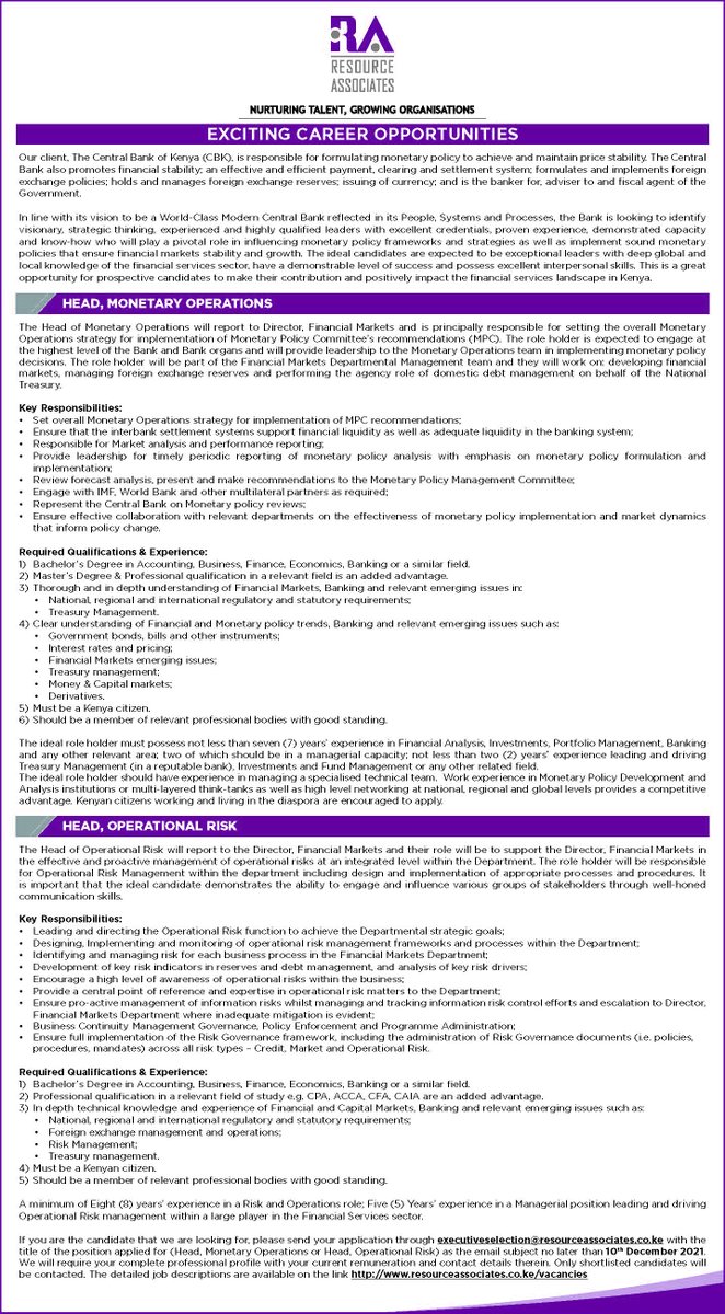 CBKKenya's tweet photo. Vacancy: Head, Monetary Operations and Head, Operational Risk. Application deadline is December 10, 2021.
https://t.co/Sp4YnA3Si0 https://t.co/13uW14XkTx