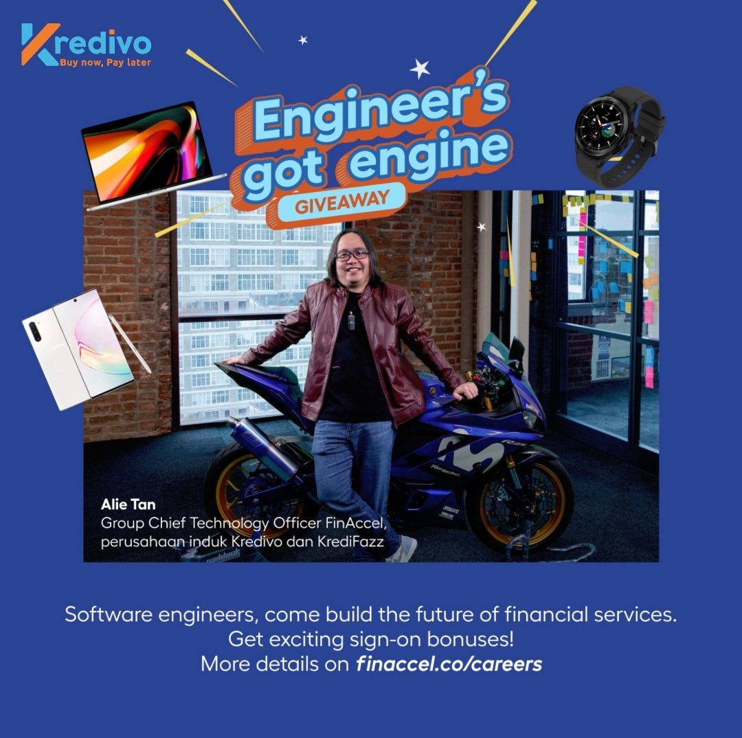 BordanJelford's tweet photo. #LokerMase
Kredivo looking for Software Engineers!
Mau bangun ekosistem finansial Indonesia lebih baik lagi?
Cus apply di https://t.co/oThzQO5s3G cuma sampai 12 Des
Menariknya!! Lulus probation bisa dapat Yamaha R25 atau hadiah gadget lainnya!
#Finaccel #EngineersGotEngine https://t.co/mwoiIZFVpp
