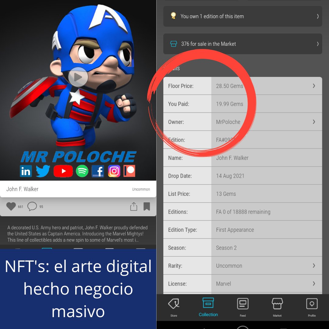 SoyMisterP's tweet photo. Compré mi primer NFT hace un mes y ya subió 42%. Parece que hay mucha gente montándose en éste negocio. Esperemos que dure.
#nfts #nftcollector #nft #veve #marvel #marvelmightys #johnfwalker https://t.co/SagXsrdNP0