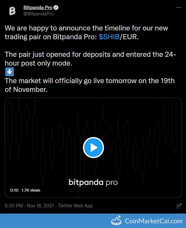 cryptowithsalma's tweet photo. 🆕 New Shiba Inu (SHIB) event! 
 
19 November 2021 
BitpandaPro Listing
#cryptowithsalma #wazirxwarriors #ndiawantscrypto #techhelpinhi https://t.co/Z6qQXsi5vI