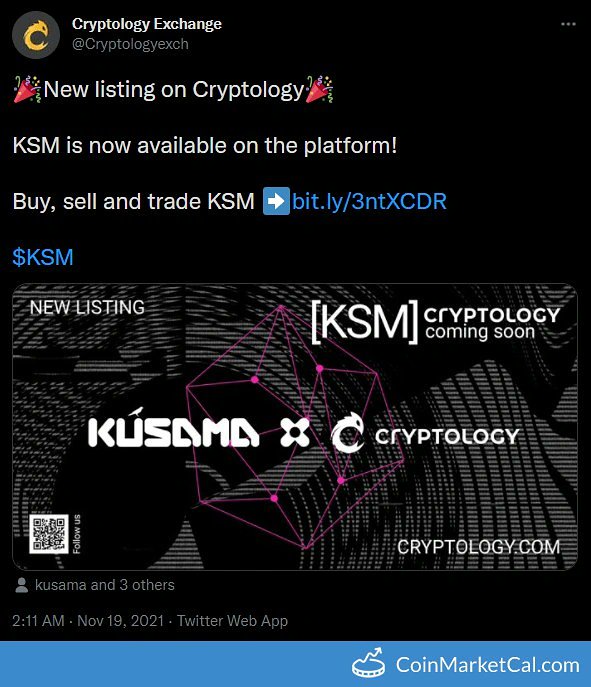 cryptowithsalma's tweet photo. 🆕 New Kusama (KSM) event! 
 
19 November 2021 
Cryptology Listing
#cryptowithsalma #wazirxwarriors #ndiawantscrypto #techhelpinhi https://t.co/XgsAldgg7H