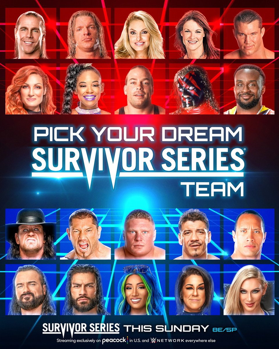 Men's Team : 

Shawn Michaels 
Triple H 
The Undertaker 
Roman Reigns 
The Rock 

Women's Team : 

Sasha Banks 
Becky Lynch 
Trish Stratus 
Lita
Bianca Belair https://t.co/2fvYVVRNtp