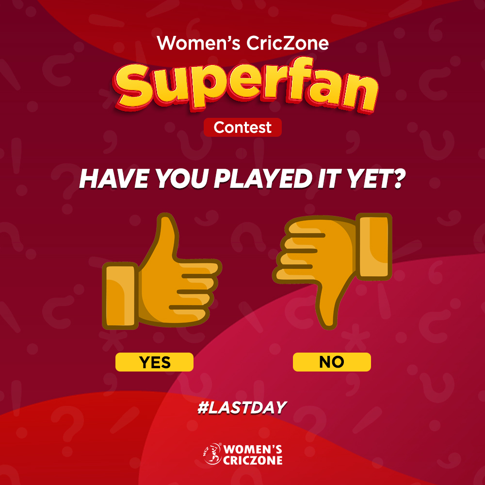 WomensCricZone's tweet photo. Hold your nerves, play more and win more because it is the last day of #SuperfanContest.
The chance to be on our webshow awaits.
Play now: https://t.co/AU9YtUnpJn
#WomensCricZone #SuperfanContest #RipplClub https://t.co/tHJBTR1CEy
