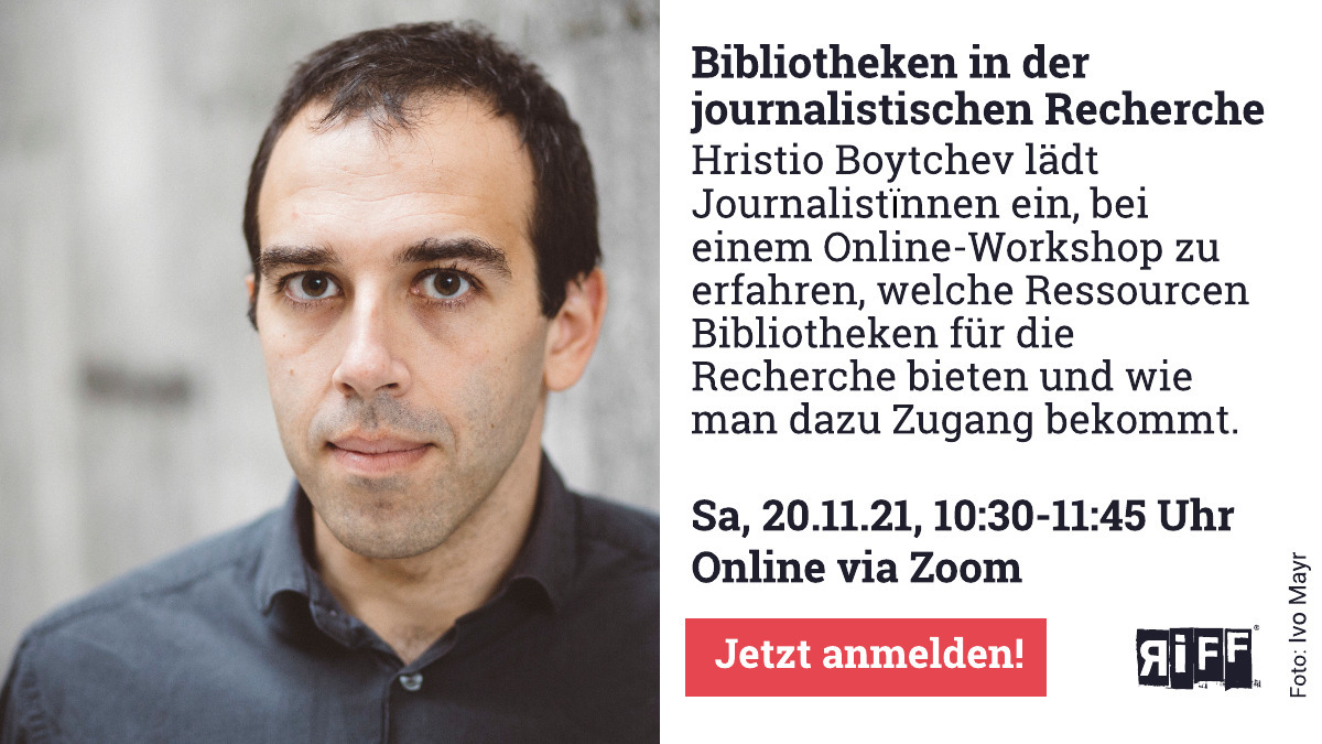 riffreporter's tweet image. Wie können Journalistinnen und Journalisten Datenbanken, Tools, Bestände von #Bibliotheken für ihre Recherchen nutzen? Das hat 
@hristio in unserer @RBSMasterclass untersucht. Morgen bietet er einen kostenfreien Online-Workshop dazu an! Mitmachen: us02web.zoom.us/meeting/regist…