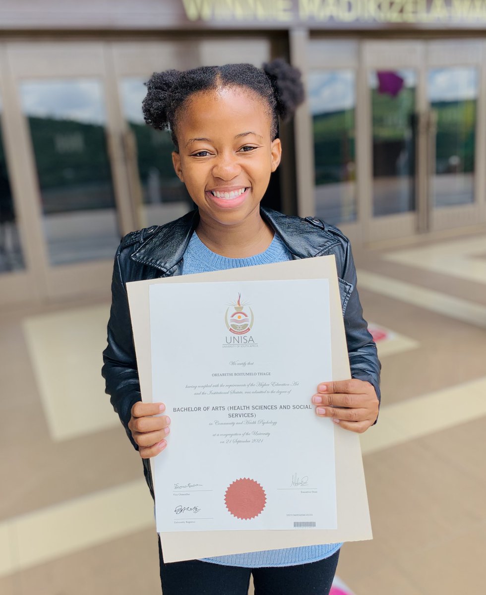 Boitumelothage_'s tweet image. We can chant and pass at the same time 
A graduate of the University of South Africa. The wildest dreams of my ancestors, coming true. To our comrades who have walked this journey with us. To our families who have been shining lights.