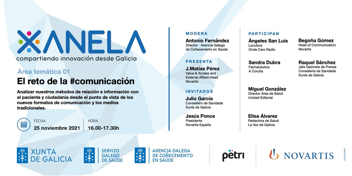SomosPetri's tweet photo. El próximo jueves a las 16.00h celebramos la primera sesión de #Xanela📢 donde hablaremos del reto de la 🗣 #comunicacion con el paciente y la sociedad.

¡Puedes inscribirte ya en el evento! ➡️ https://t.co/eIEeqq2L3T 

@NovartisSpain @Xunta @ACIS_sergas @SanidadeXunta https://t.co/8V3S06hxqm