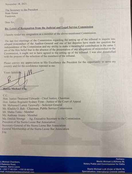 In a letter dated 18th Nov. 2021, <a href="/MichaelBasita/">Basita Michael</a>, a long serving member of the Judicial and Legal Service Commission in Sierra Leone resigns. See attached letter for further details. <a href="/LaraTPearce/">Lara</a> <a href="/USEmbFreetown/">USEmbassyFreetown</a> <a href="/EUinSierraLeone/">EU in Sierra Leone</a> <a href="/sierraeyesalone/">SIERRAEYESALONE</a> <a href="/PresidentBio/">Barram</a> <a href="/UKinSierraLeone/">UK in Sierra Leone 🇬🇧🇸🇱</a>