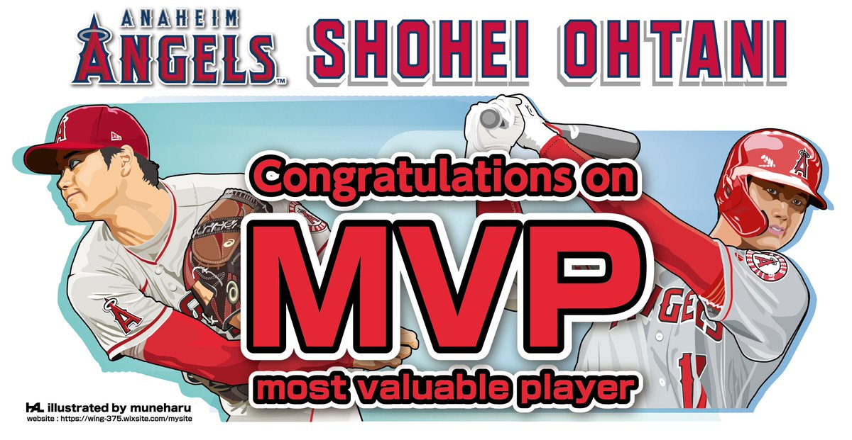 Mild_Mint777's tweet photo. 『MVP受賞おめでとうございます!!!』
大谷選手の『MVP受賞』を祝してPOSTさせてもらいます。

 #mvp #mostvaluableplayer #大谷翔平 選手 #syouhei #ohtani #angels #mlb #showtime  #illustration #art #イラストレーター池岡 #ikeoka #muneharu #Japan #オリジナル #非営利 https://t.co/evfKV8r4wJ