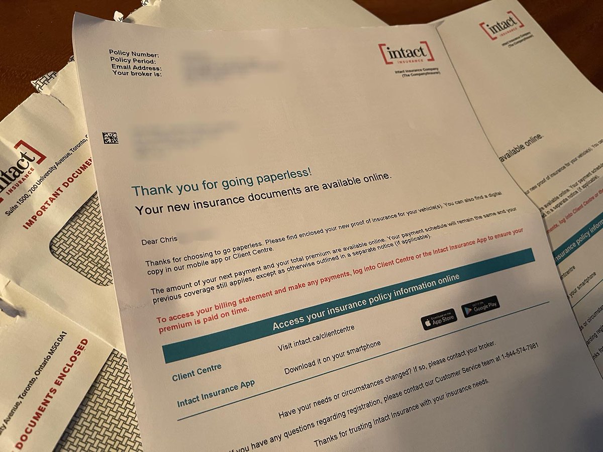 AdventureArt's tweet photo. @IntactInsurance To "thank you for going paperless," we are going to mail you two identical paper copies of your documents. Huh?   I don't think you understand the concept of #paperless.  #MissingThePoint #intactinsurance #greenwashing https://t.co/CKJ4XEeouw