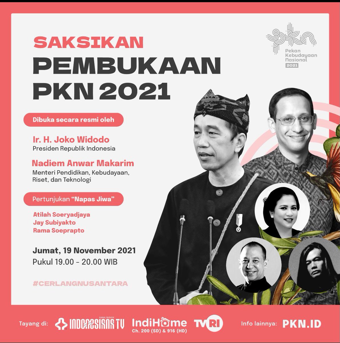 Ayo jangan sampai ketinggalan acara Pembukaan PKN 2021
Jangan lupa pantau terus indonesiana.tv dan PKN.ID ya. (1)
 
#GenerasiCerlang 
PKN2021 Indonesia