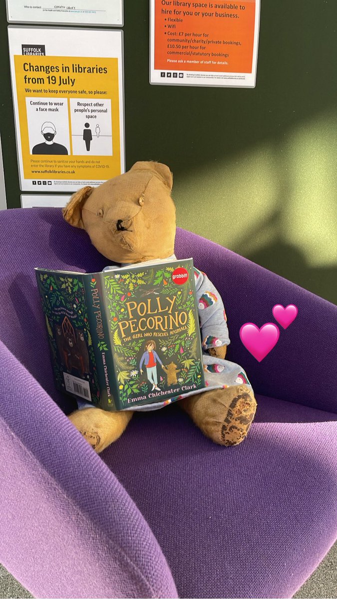 Funny Face came to the library today. We’re taking part in BBC Radio Suffolk’s Take Your Teddy to Work Day to support Children in Need. Funny Face is taking the opportunity to read a book.