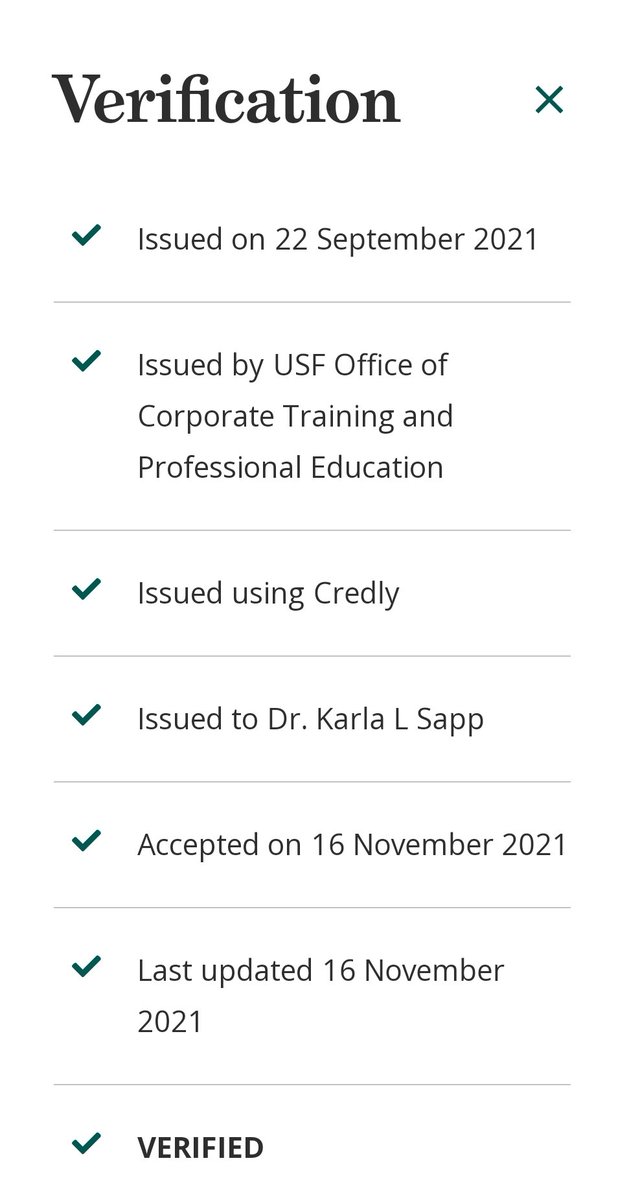 Happy to share that I've received my  VERIFIED USF MUMA College of Business M3 Center 'Inclusive And Ethical Leadership' Certificate Badge this week! 

#LetsEAT #InclusiveLeadership #EthicalLeadership #EquitableLeadership #progressiveleadership #LiberatingLives