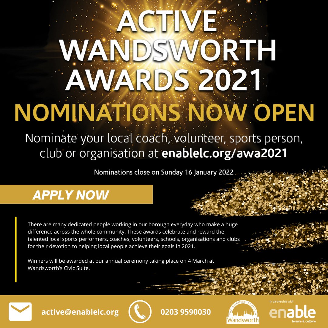 EnableActive's tweet photo. The Active Wandsworth Awards are open...
๐APPLY NOW AT https://t.co/e0LSc7W2gd ๐
#wandsworth #enablelc #londonsport #londonawards #sportsheros https://t.co/bHzSMwRCFZ