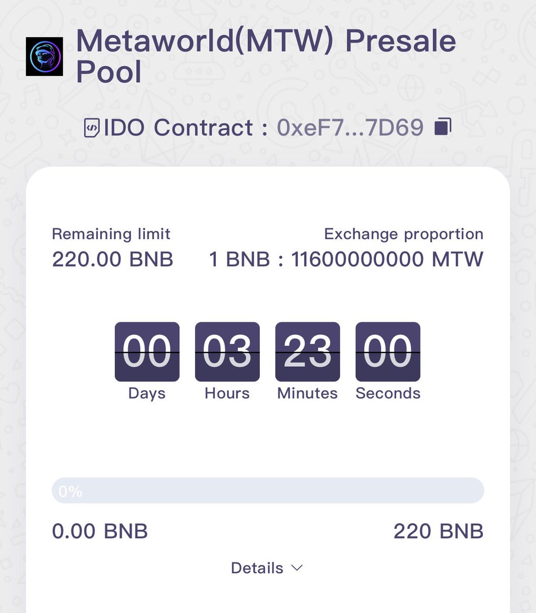 MetaWorldToken's tweet image. Dear world,
Presale starts in 3 hours! 

🖇Link to purchase via crypto wallet (Metamask or Trust wallet)

cointool.app/ido/exchange?i…
