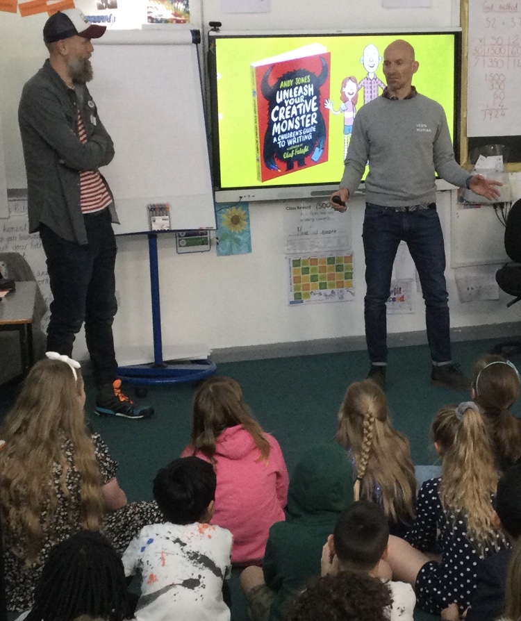 andyjonesauthor's tweet photo. Talking to these children about writing was such a privilege and one of the highlights of my writing career. 
So much joy &amp; enthusiasm. Great teachers and brilliant fun with my buddy @OFalafel

Thank you @StMSchStewkley @LongMeadowSch @MissDevlinLMS @bridiebookabyss @Our_Bookshop https://t.co/hJodQdG0lW
