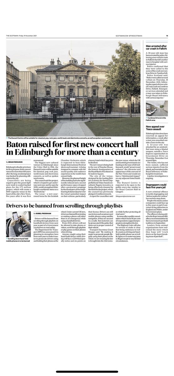 brianjaffa's tweet photo. Lots of coverage in our titles today on how Edinburgh’s first new concert hall for more than a century is on the brink  of getting the green light. Full story here: https://t.co/y75rADRFJL @TheScotsman @edinburghpaper @ImpactScot @edintfest @SCOmusic @culturescotgov @Edinburgh_CC https://t.co/eVxyKOSxRN