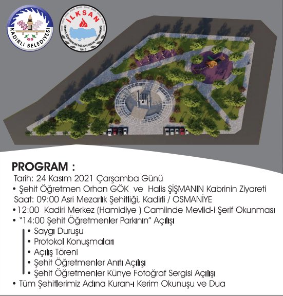 24 KASIM ÖĞRETMENLER GÜNÜ VE ŞEHİT EĞİTİM ÇALIŞANLARINI ANMA PROGRAMINA DAVETLİSİNİZ.
24 Kasım Öğretmenler Günü münasebetiyle, İLKSAN-Kadirli Belediyesi iş birliği ile yapılacak etkinliklere Siz Değerli Üyelerimizi davet eder, saygılar sunarız.