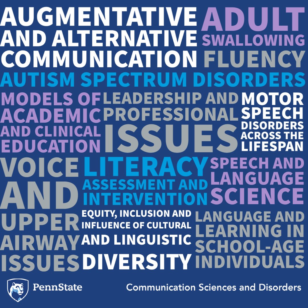 PennStateCSD's tweet photo. Did you know that the 33 #pennstatecsd #ASHA2021 presentations span 12 different topic areas?

View the full list at https://t.co/gZTVoJEjHY

#AAC #autism #motorspeech #voice #literacy #swallowing #speechscience #fluency #language #diversity #HHDresearch #CSDimpact https://t.co/WPcMDcGzSU