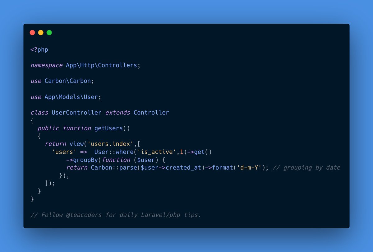 The groupBy method you may be used to group the query results.
#Laravel #PHP