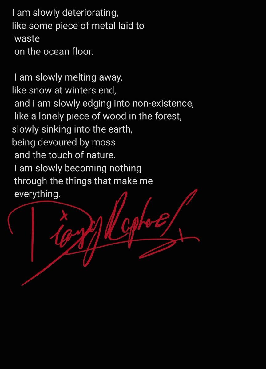 DiaryRaphael's tweet image. ¬Like fossils and dead wood¬

I think there is a point in all our lives, either in the past, present or future when this feeling will or has passed. When we feel so deeply for the things we love and most times destroy our worlds because of that love.