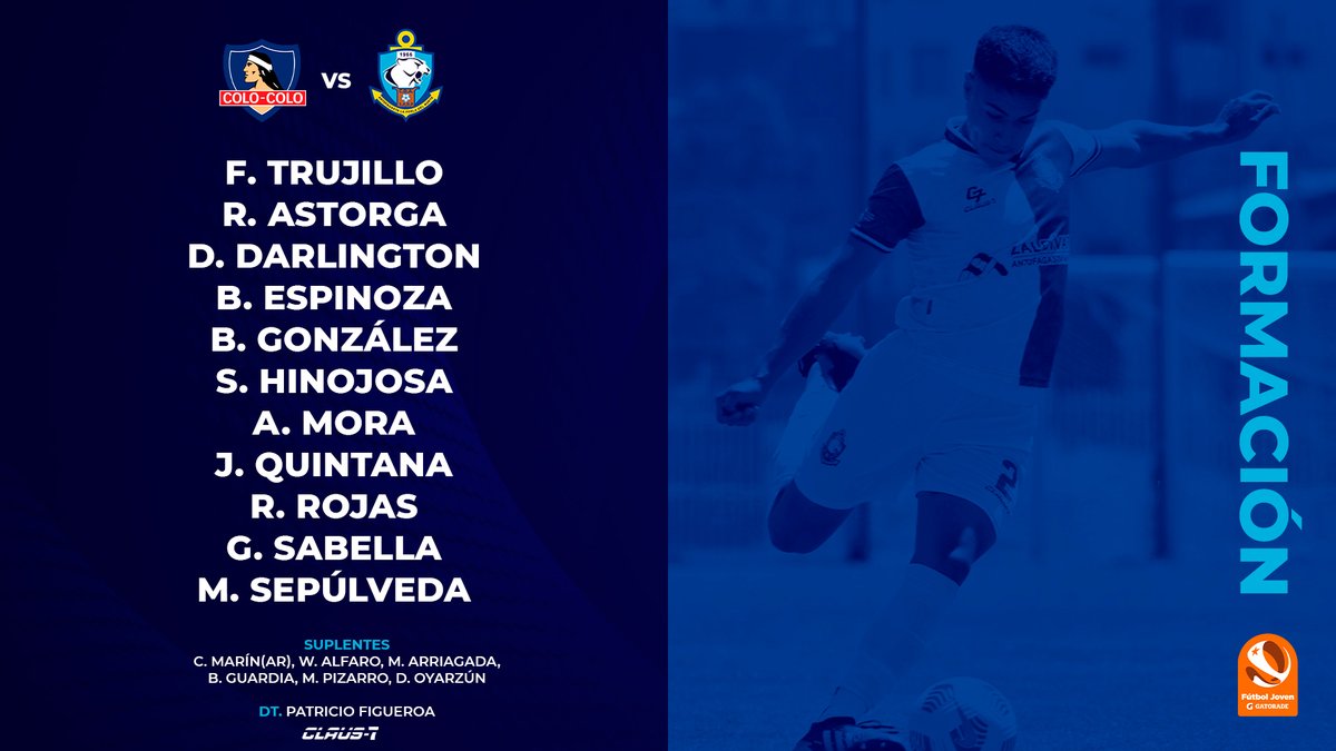 ClubAntofagasta's tweet photo. 𝙓𝙄 𝙏𝙄𝙏𝙐𝙇𝘼𝙍
#Claus7 indica la formación del #CDA Sub18 para enfrentar a @ColoColo, por la Semifinal del Campeonato #FútbolJovenGatorade 🏆
#CDA #CDAvsColoColo #FútbolJoven https://t.co/PDBDpFEBVU