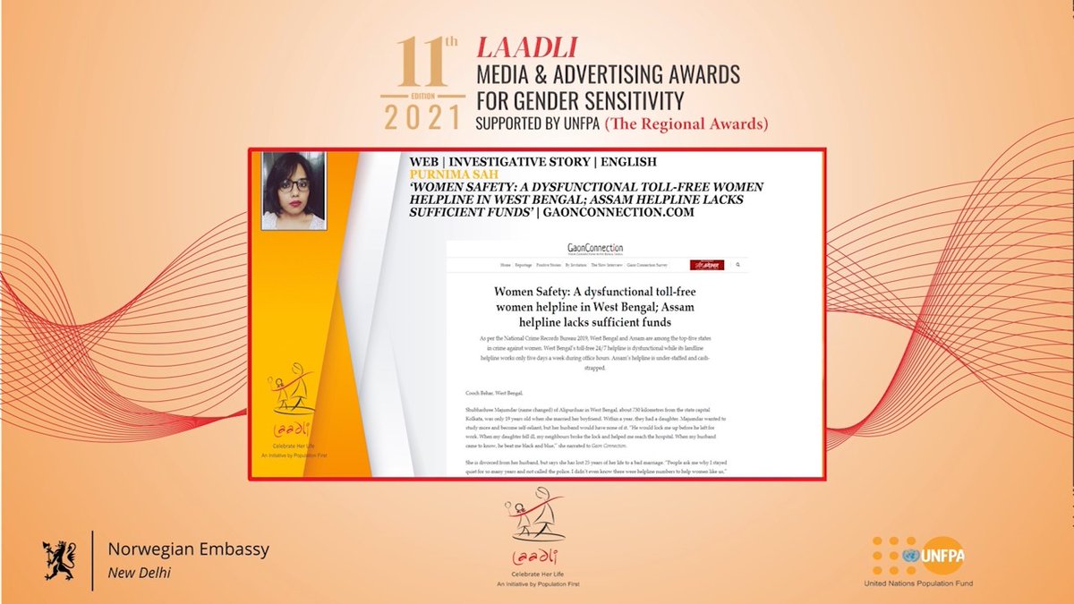 Laadli_PF's tweet photo. "I am humbled &amp; honored as this is my first LMA," Purnima Sah. 
Congratulations Purnima on your first ever LMA for your Web Investigative Story in @GaonConnection @ALSharada @UNFPAIndia @norwayinindia @SriramHaridass @RituMotial #LMA2021 #Regional https://t.co/IdjeN1nfZD