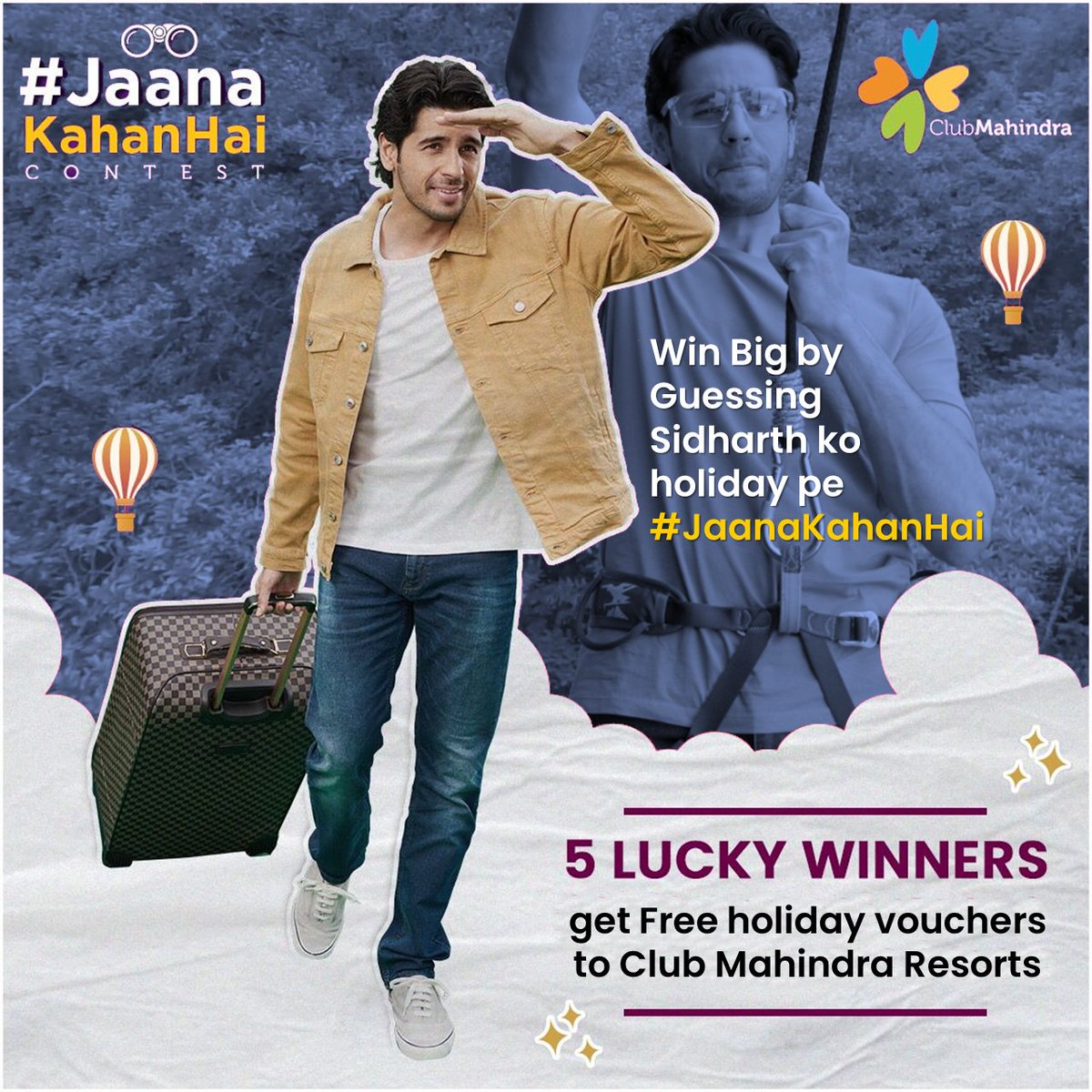 #ContestAlert
Can you guess Sidharth ko holiday pe #JaanaKahanHai ?
5 winners win free 2N &amp; 3D stay at our Resorts

Steps to follow
Follow us on Instagram
Comment answer using #JaanaKahanHai
Fill registration form bit.ly/3qLWOfo
Last date: 24 Nov 2021, 11:59 pm
TnC Apply